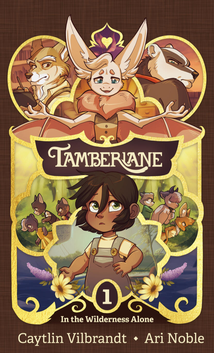 The cover for the arc one omnibus collection of the first four chapters of the webcomic Tamberlane, featuring some of the main characters.